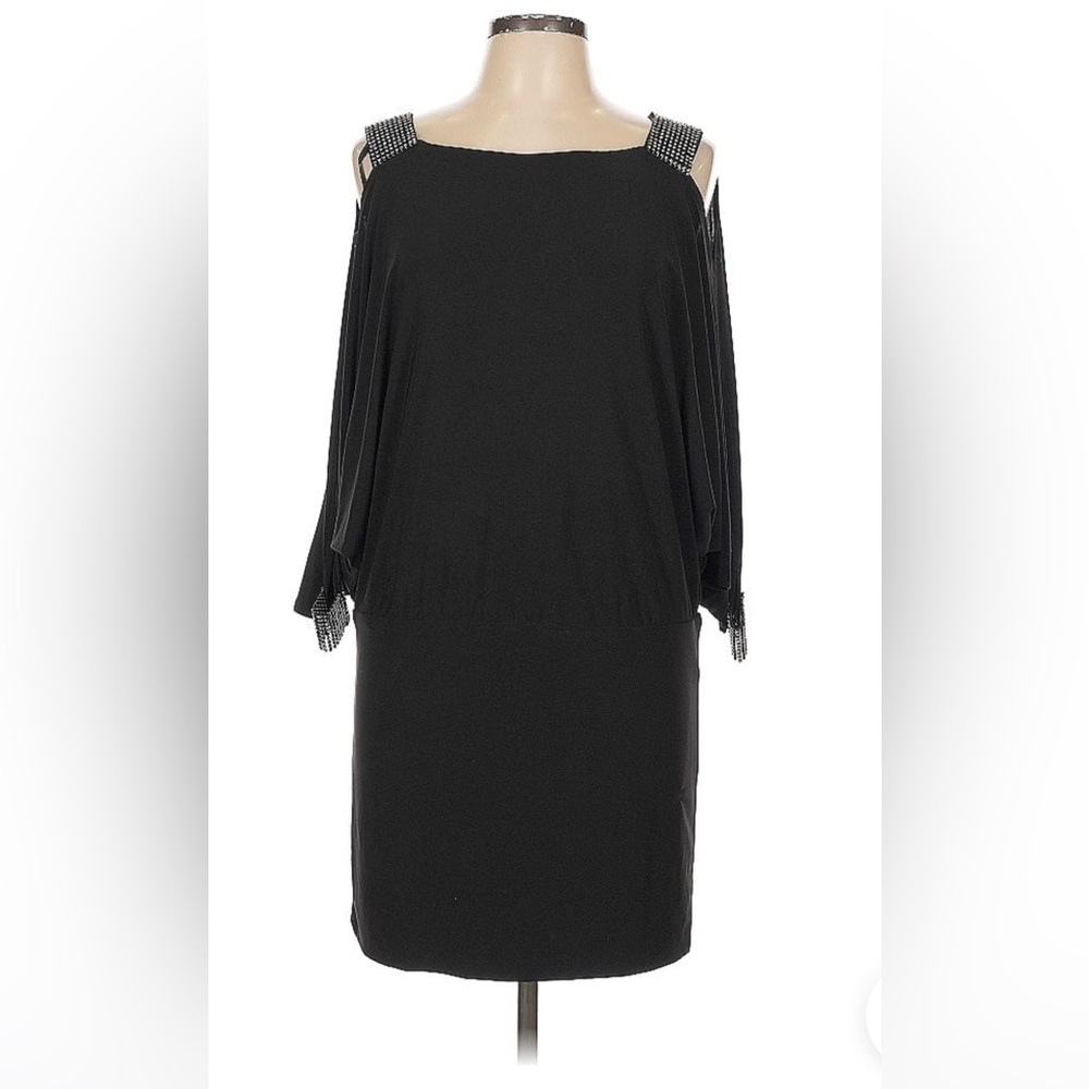Betsy & Adam  Black Embellished Cocktail Cold Shoulder Dress